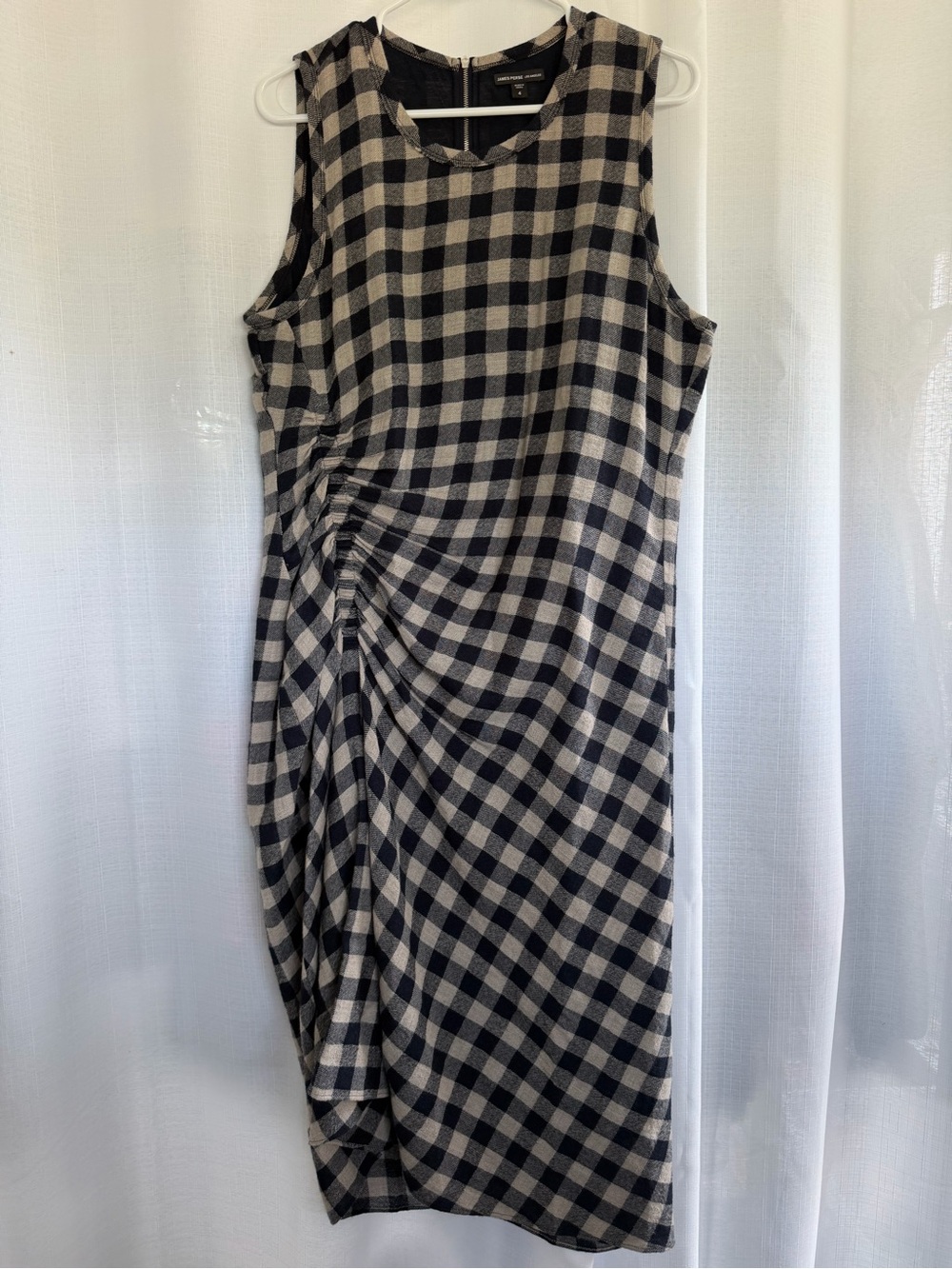 James Perse Wool Plaid Ruched Midi Dress Size 4 ( XL )Tan Navy Sleeveless